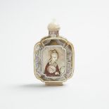 A Mother-of-Pearl Snuff Bottle, Qianlong Mark, 19th Century, 十九世紀 珍珠母貝開窗人物紋鼻煙壺 乾隆年製底款, height 3.3 in