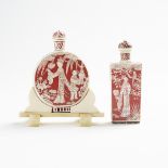 Two Polychrome Ivory Snuff Bottles, Late 19th/Early 20th Century, 十九世紀晚期/二十世紀早期 牙雕加彩人物花鳥紋鼻煙壺兩隻, larg