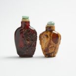 Two Amber Snuff Bottles, 19th/Early 20th Century, 十九/二十世紀早期 琥珀雕花卉紋 獅耳紋鼻煙壺兩隻 , largest height 3.3 in