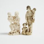 Two Ivory Carved Okimono of Figures with Children, One Signed, Meiji Period, 日本 明治時期 牙雕人物擺件一組兩件, tal