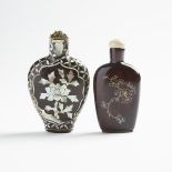 Two Inlaid Wood Snuff Bottles, 19th/20th Century, 十九/二十世紀 木嵌螺鈿花卉紋鼻煙壺兩隻, largest height 3.2 in — 8.1