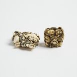 Two Ivory Netsuke of a Shishi and a Cluster of Masks, 19th Century, 日本 十九世紀 福獅面具根付一組兩件, largest leng