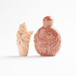 A Coral Snuff Bottle, 19th Century, 十九世紀 珊瑚雕荷花紋鼻煙壺 硬石仿珊瑚雕鼻煙壺一組兩隻, largest height 3 in — 7.6 cm (2 Pi