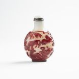 A Red Overlay 'Horses' Glass Snuff Bottle, 19th Century, 十九世紀 涅白地套紅料八駿圖鼻煙壺, height 2.9 in — 7.3 cm