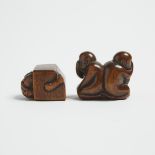 Two Wood Netsuke of an Oni in a Box and Monkeys, 18th/19th Century, 日本 十八/十九世紀 木雕雙猴盒中鬼根付一組兩件, larges