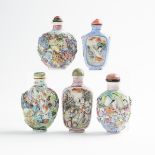 A Group of Five Famille Rose Moulded Snuff Bottles, 19th/Early 20th Century, 十九/二十世紀早期 模製粉彩瓷胎鼻煙壺一組五件