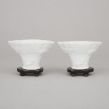 A Pair of Dehua Libation Cups, 17th/18th Century, 十七/十八世紀 德化白瓷仿犀角杯一對, height 2.4 in — 6.2 cm (2 Piec