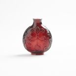 A Ruby-Red Glass Snuff Bottle, 18th/19th Century, 十八/十九世紀 紅料刻卷草紋鼻煙壺, height 2 in — 5 cm