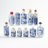 A Group of Eleven Blue and White Snuff Bottles, 19th/20th Century, 十九/二十世紀 青花鼻煙壺一組十一件, tallest heigh