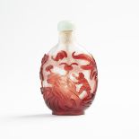 A Red Overlay 'Bat and Lingzhi' Glass Snuff Bottle, 19th Century, 十九世紀 雪霏地套紅料'福至心靈'鼻煙壺, height 2.9 i