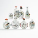 A Group of Eight Enameled Porcelain Snuff Bottles, 19th/20th Century, 十九/二十世紀 瓷胎粉彩鼻煙壺一組八件, tallest h