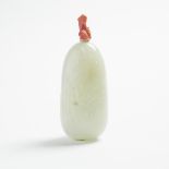 A White Jade Pebble-Form Snuff Bottle, 18th/19th Century, 十八/十九世紀 白玉雕‘喜上眉梢’鼻煙壺, length 3.3 in — 8.5