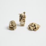 A Group of Three Ivory Carved Netsuke, Two Signed, 19th/Early 20th Century, 日本 十九/二十世紀早期 牙雕根付一組三件, t