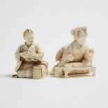 Two Ivory Okimono of a Textile Worker and an Artist, One Signed Nobutaka, Meiji Period, 日本 明治時期 牙雕人物