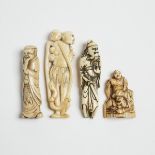 A Group of Four Ivory and Antler Netsuke, 18th/19th Century, 日本 十八/十九世紀 牙雕鹿角雕根付一組四件, tallest height