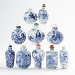 A Group of Ten Blue and White Snuff Bottles, 19th/20th Century, 十九/二十世紀 青花鼻煙壺一組十件, tallest height 3.