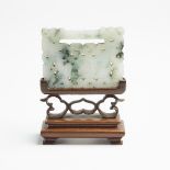 A Jadeite Rectangular Lock-Form Plaque with Stand, Late Qing Dynasty, 清末 翡翠鎖形插屏, overall height 4.3