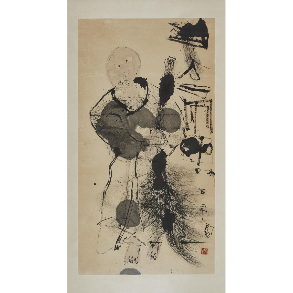 Shi Hu (1942-), Sweeping Monk, 石虎(1942-)「掃地僧」水墨紙本 鏡框, image 49.7 x 26.7 in — 126.2 x 67.8 cm