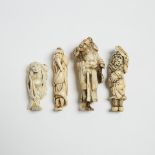 A Group of Four Ivory and Horn Netsuke of Standing Figures, 18th/19th Century, 日本 十八/十九世紀 牙雕人物根付一組四件