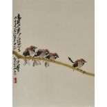 Attributed to Zhao Shao'ang (1905-1998), Four Sparrows, 趙少昂 (1905-1998) 款 四雀圖 設色紙本 鏡心, 27.2 x 20.9 i