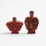 Two Cinnabar Lacquer Snuff Bottles, 19th/20th Century, 十九/二十世紀 剔紅雕庭院人物紋鼻煙壺兩隻, tallest height 3.1 in