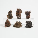 A Group of Six Wood Netsuke, Three Signed, 18th/19th Century, 日本 十八/十九世紀 木雕根付一組六件, largest height 2.