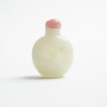 A White Jade Snuff Bottle, 19th Century, 十九世紀 白玉雕牡丹紋鼻煙壺, height 2.2 in — 5.6 cm