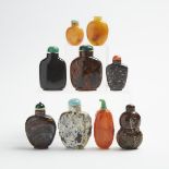 A Group of Nine Chalcedony Snuff Bottles, 19th/20th Century, 十九/二十世紀 玉髓瑪瑙鼻煙壺一組九件, largest height 3 i