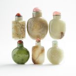 A Group of Six Jade Snuff Bottles, 19th/20th Century, 十九/二十世紀 玉雕鼻煙壺一組六件, largest height 3.5 in — 9 c