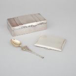 English Silver Cigarette Box, Cigarette Case and a Danish Silver and Enamel Spoon, 20th century, cig