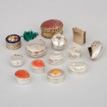 Eleven Various Mainly Silver Small Boxes, a Perfume Bottle and a Measuring Tape, 20th century, large