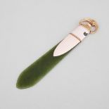 Russian Yellow Gold and Translucent Pink Enamel Mounted Nephrite Jade Letter Opener, 20th century, l