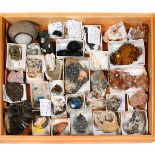 A wooden museum storage box containing mineral specimens and crystals. Including Siderite on Calcite