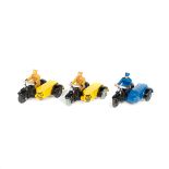 3 Dinky AA and RAC Motorcycle Combinations. 2x Dinky AA (44B) in yellow and black, with tan rider,