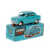 Corgi Toys Austin Cambridge Saloon (201). An example in turquoise with smooth wheels and black
