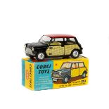 Corgi Toys Mini-Cooper with De-Lux Wickerwork (249). In gloss black with bright red roof, yellow