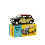 Corgi Toys Mini-Cooper with De-Lux Wickerwork (249). In gloss black with bright red roof, yellow