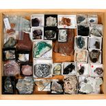 A wooden museum storage box containing mineral specimens and crystals. Including Brochantite from