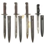3 Thai Mauser bayonets, script stamps at forte, in steel scabbard; and a L1A3 bayonet in scabbard.