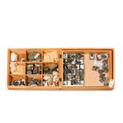 A wooden museum storage box containing two trays of fossils from the USA. Including Molluscs, Corals