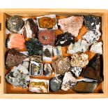 A wooden museum storage box containing mineral specimens and crystals. Including Pyromorphite from