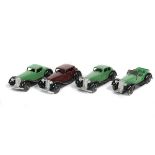 4 Dinky Toys 36 Series Cars. Bentley (36b) in green. Humber (36c) in dark brown. Rover (36d) in