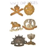 6 cap badges: 1st patt. Tanks, Machine Gun, 1st patt Queen’s, 1st patt Norfolk, cast Jewish Bns R