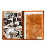 A wooden museum storage box containing mineral specimens and crystals. Including Cobalti-Calcite