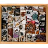 A wooden museum storage box containing mineral specimens and crystals. Including Garnet from the