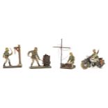 4 Elastolin German Army figures. Rare motorcycle outrider, soldier with radio set, soldier banging