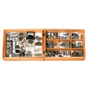 A wooden museum storage box containing two trays of various fossils from the Jurassic period of