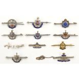 7 enamelled silver sweetheart tie pins: RA (2), Geo VI RE, R Sussex (3) and Hampshire; non enamelled