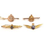 4 9ct gold sweetheart tie pins: enamelled RFC and RAF, plain Geo V RE and R Sussex, all marked “