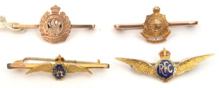 4 9ct gold sweetheart tie pins: enamelled RFC and RAF, plain Geo V RE and R Sussex, all marked “
